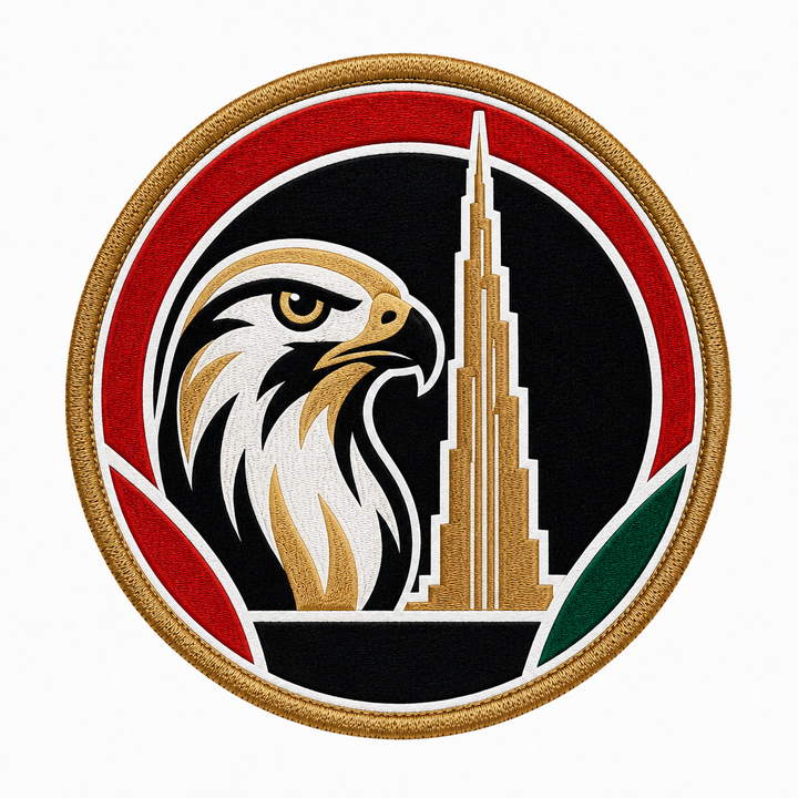 Falcon Rise Dubai embroidery patch featuring an eagle head silhouette over the Burj Khalifa skyline in red, black, and gold | Hand Finished in Dubai | EmbroMania
