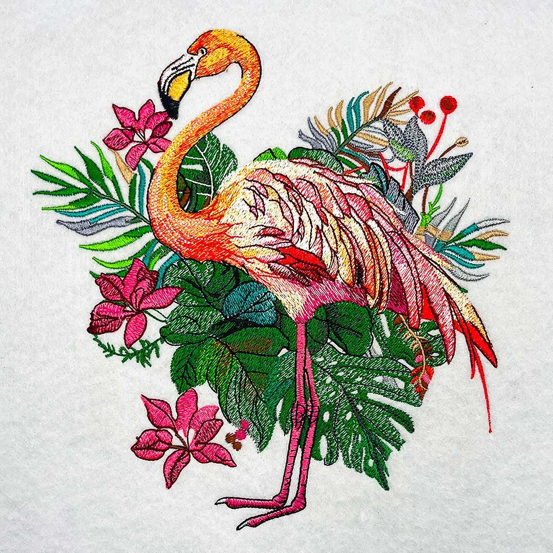 Flamingo Bloom Machine Embroidered Hoodie – Tropical flamingo with vibrant floral arrangement detail | Hand Finished in Dubai