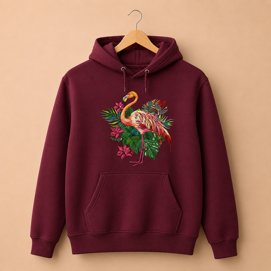 Flamingo Bloom Machine Embroidered Hoodie in Large Fuchsia – Tropical flamingo design with vivid floral blooms embroidered on fuchsia 320gsm premium fleece | Hand Finished in Dubai