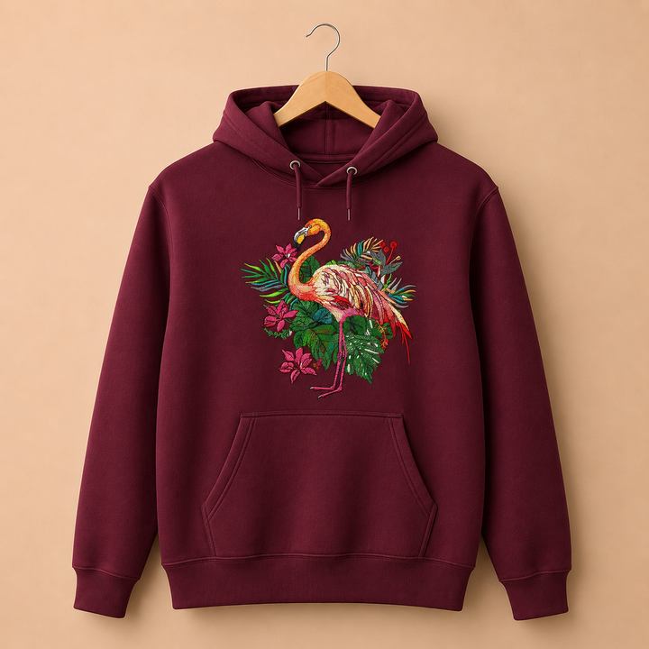 Flamingo Bloom Machine Embroidered Hoodie in Large Fuchsia – Tropical flamingo design with vivid floral blooms embroidered on fuchsia 320gsm premium fleece | Hand Finished in Dubai