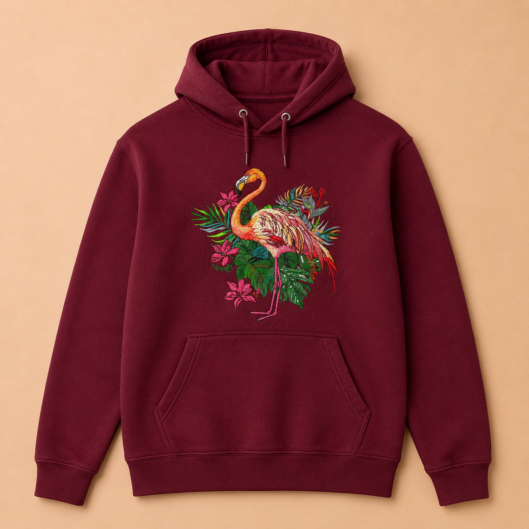 Flamingo Bloom Machine Embroidered Hoodie in Medium Fuchsia – Tropical flamingo design with vivid floral blooms embroidered on fuchsia 320gsm premium fleece | Hand Finished in Dubai