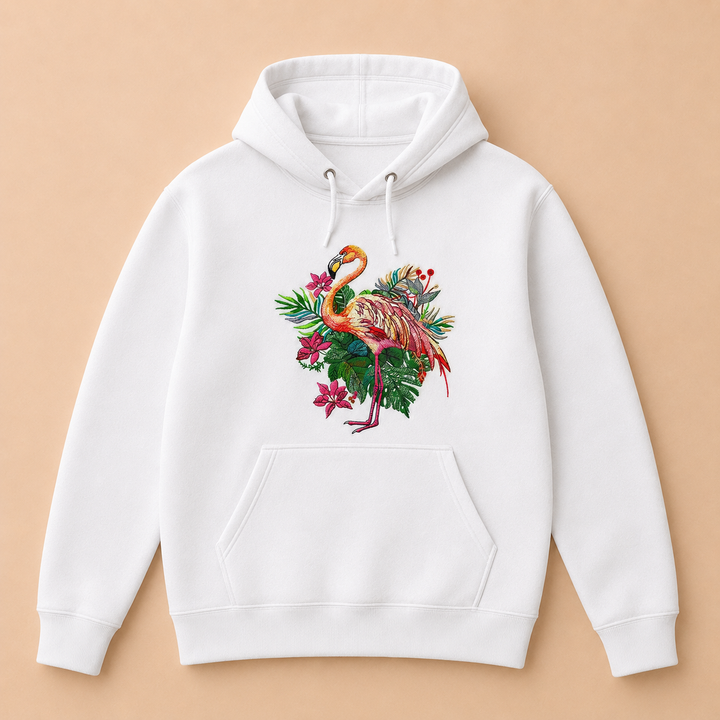 Flamingo Bloom Machine Embroidered Hoodie in Medium White – Tropical flamingo design with vivid floral blooms embroidered on white 320gsm premium fleece | Hand Finished in Dubai