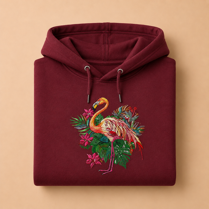 Flamingo Bloom Machine Embroidered Hoodie in Small Fuchsia – Tropical flamingo design with vivid floral blooms embroidered on fuchsia 320gsm premium fleece | Hand Finished in Dubai
