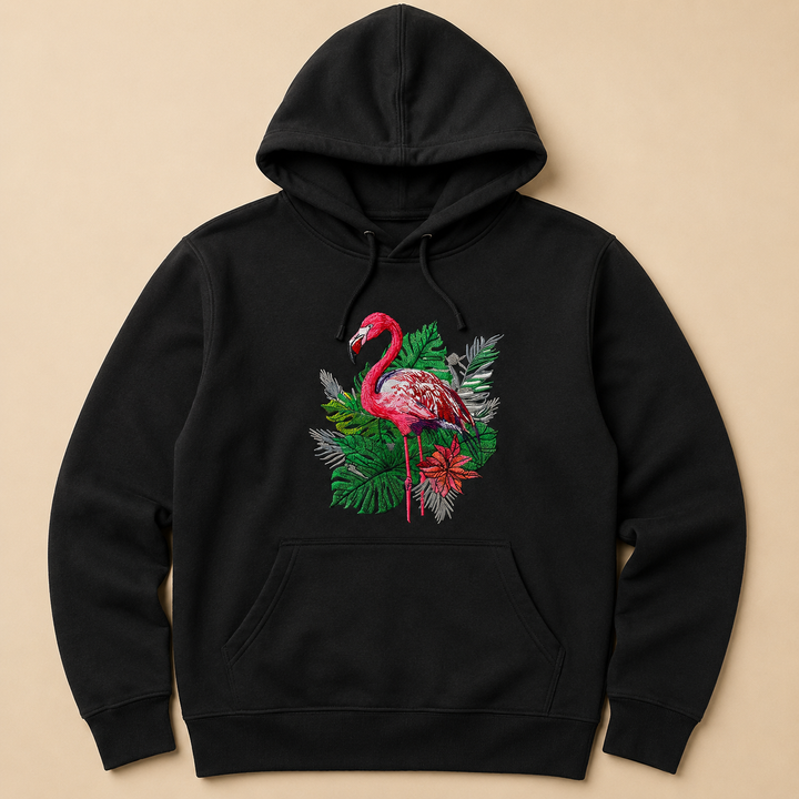 Flamingo Botanica Machine Embroidered Hoodie in Large Black – Botanical flamingo design with tropical blooms embroidered on black 320gsm premium fleece | Hand Finished in Dubai