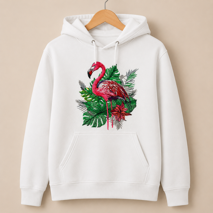 Flamingo Botanica Machine Embroidered Hoodie in Medium White – Botanical flamingo design with tropical blooms embroidered on white 320gsm premium fleece | Hand Finished in Dubai