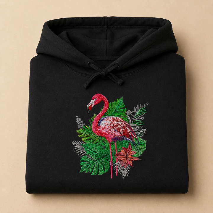 Flamingo Botanica Machine Embroidered Hoodie in Small Black – Botanical flamingo design with tropical blooms embroidered on black 320gsm premium fleece | Hand Finished in Dubai