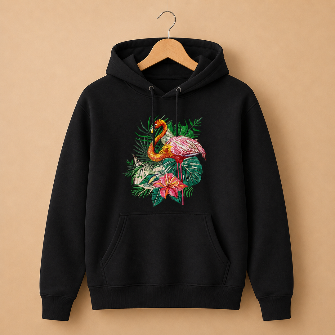 Flamingo Duo Machine Embroidered Hoodie in Large Black – Pair of flamingos with water reflection embroidered on black 320gsm premium fleece | Hand Finished in Dubai