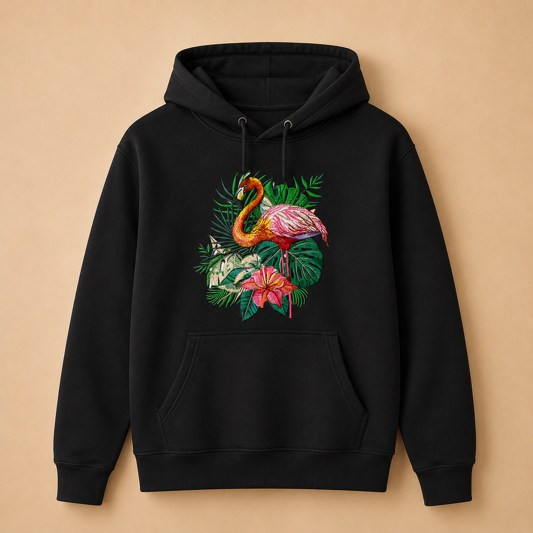 Flamingo Duo Machine Embroidered Hoodie in Medium Black – Pair of flamingos with water reflection embroidered on black 320gsm premium fleece | Hand Finished in Dubai