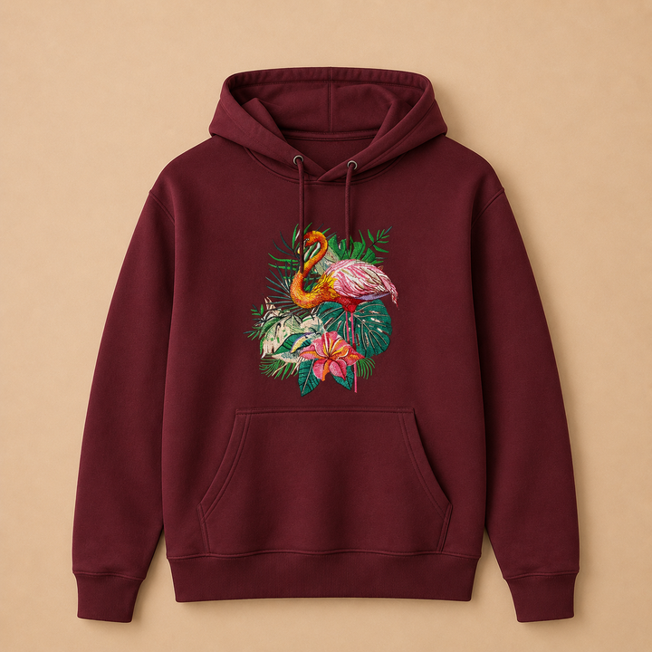 Flamingo Duo Machine Embroidered Hoodie in Medium Fuchsia – Pair of flamingos with water reflection embroidered on fuchsia 320gsm premium fleece | Hand Finished in Dubai