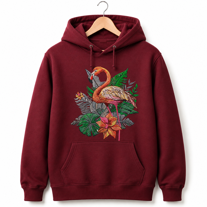 Flamingo Solo Machine Embroidered Hoodie in Large Fuchsia – Elegant single flamingo in profile embroidered on fuchsia 320gsm premium fleece | Hand Finished in Dubai