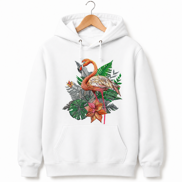 Flamingo Solo Machine Embroidered Hoodie in Large White – Elegant single flamingo in profile embroidered on white 320gsm premium fleece | Hand Finished in Dubai