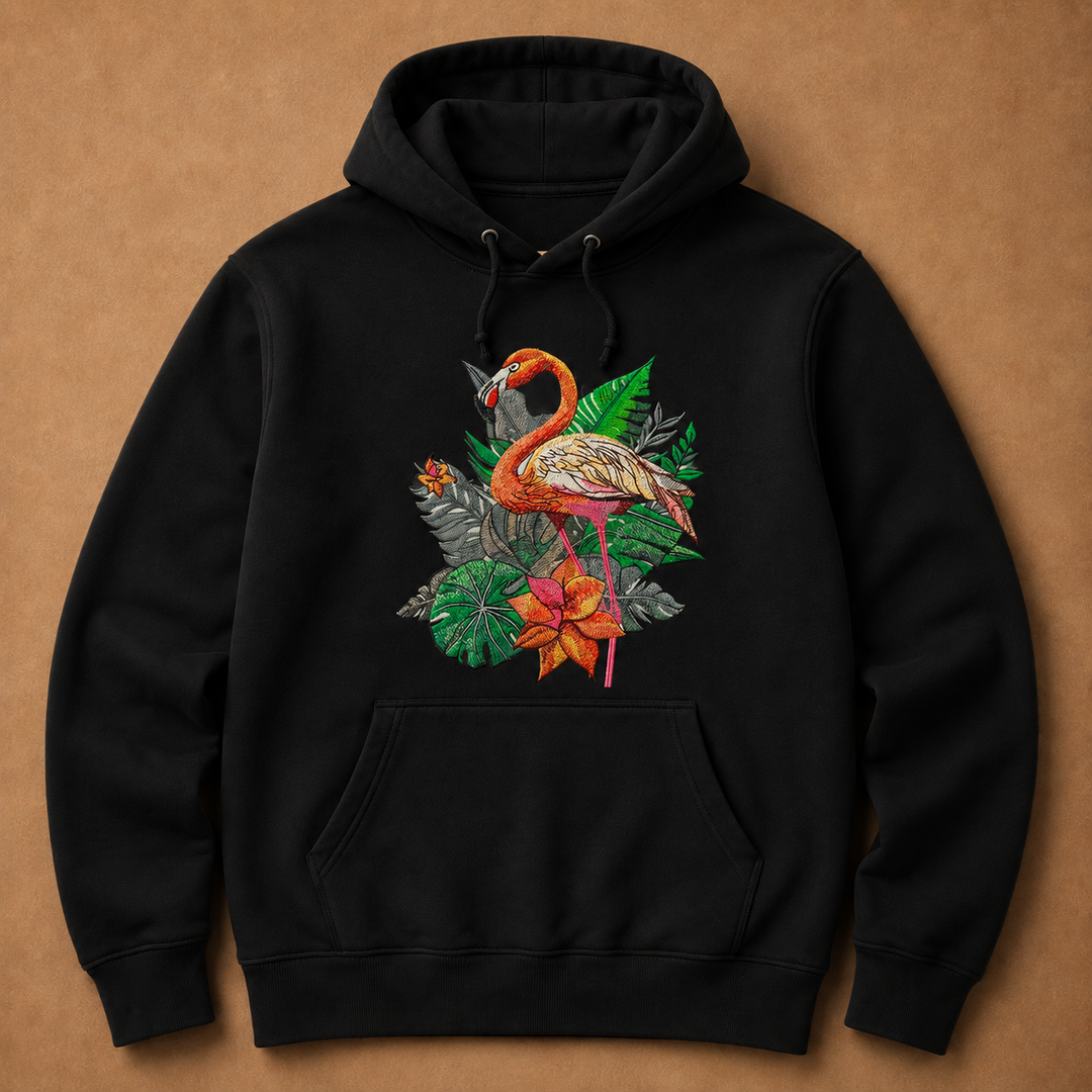 Flamingo Solo Machine Embroidered Hoodie in Medium Black – Elegant single flamingo in profile embroidered on black 320gsm premium fleece | Hand Finished in Dubai