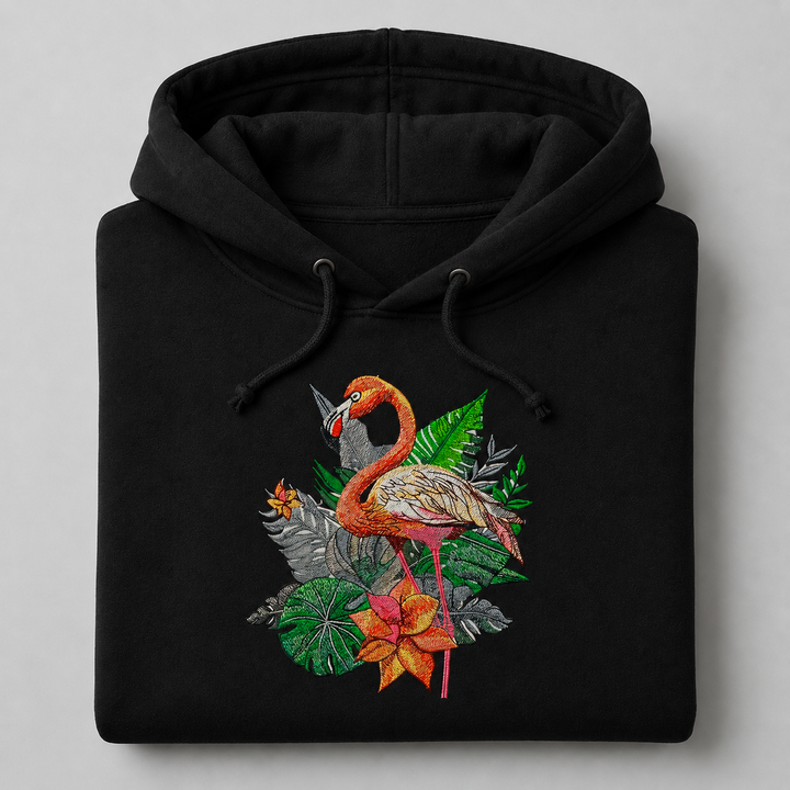 Flamingo Solo Machine Embroidered Hoodie in Small Black – Elegant single flamingo in profile embroidered on black 320gsm premium fleece | Hand Finished in Dubai