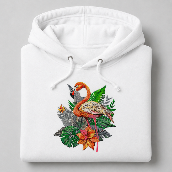 Flamingo Solo Machine Embroidered Hoodie in Small White – Elegant single flamingo in profile embroidered on white 320gsm premium fleece | Hand Finished in Dubai