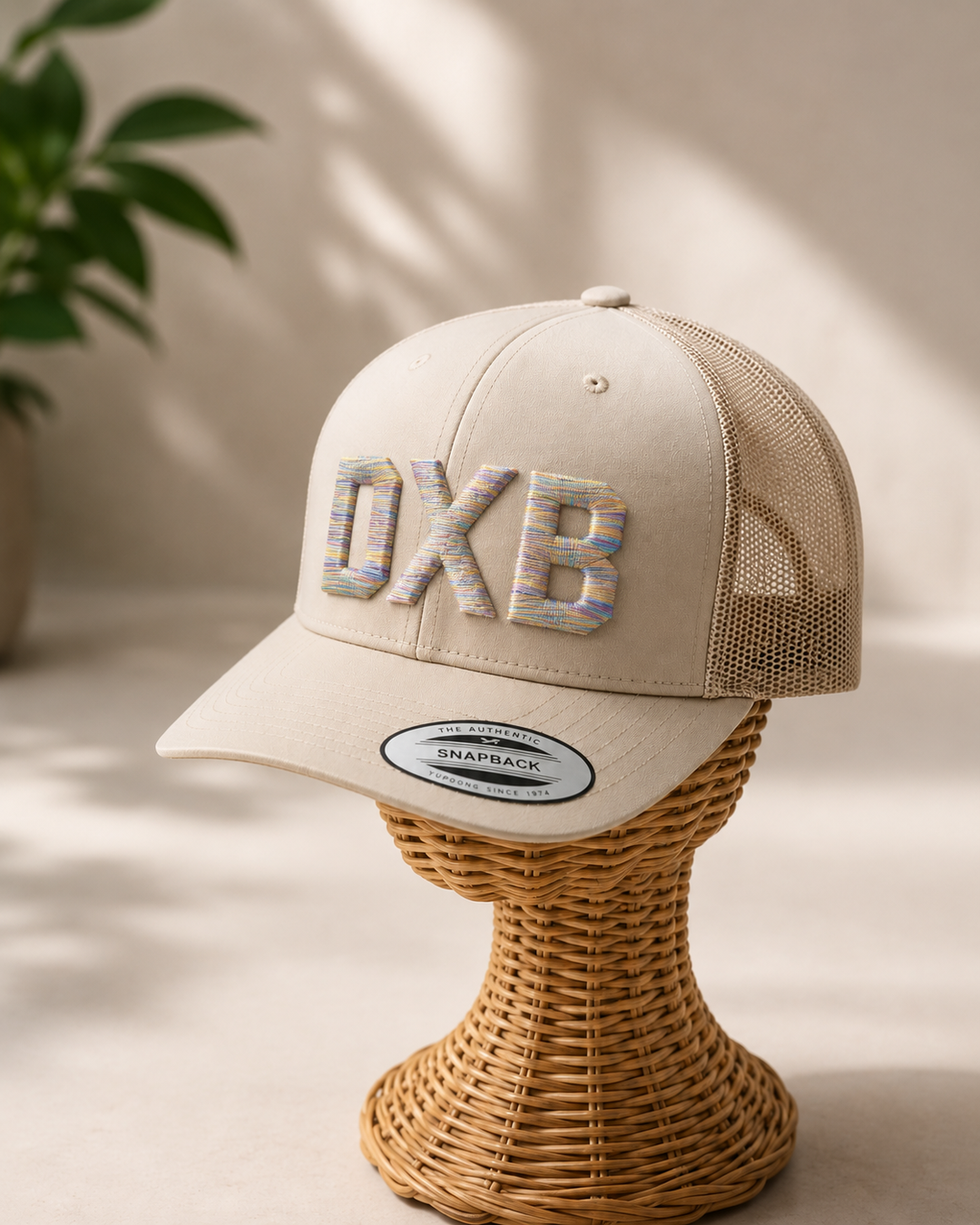 🌸 Gelato – Metro Block 3D Puff · Pale yellow pink lavender mint sky blue · Sand beige retro trucker | Hand Finished in Dubai | EmbroMania