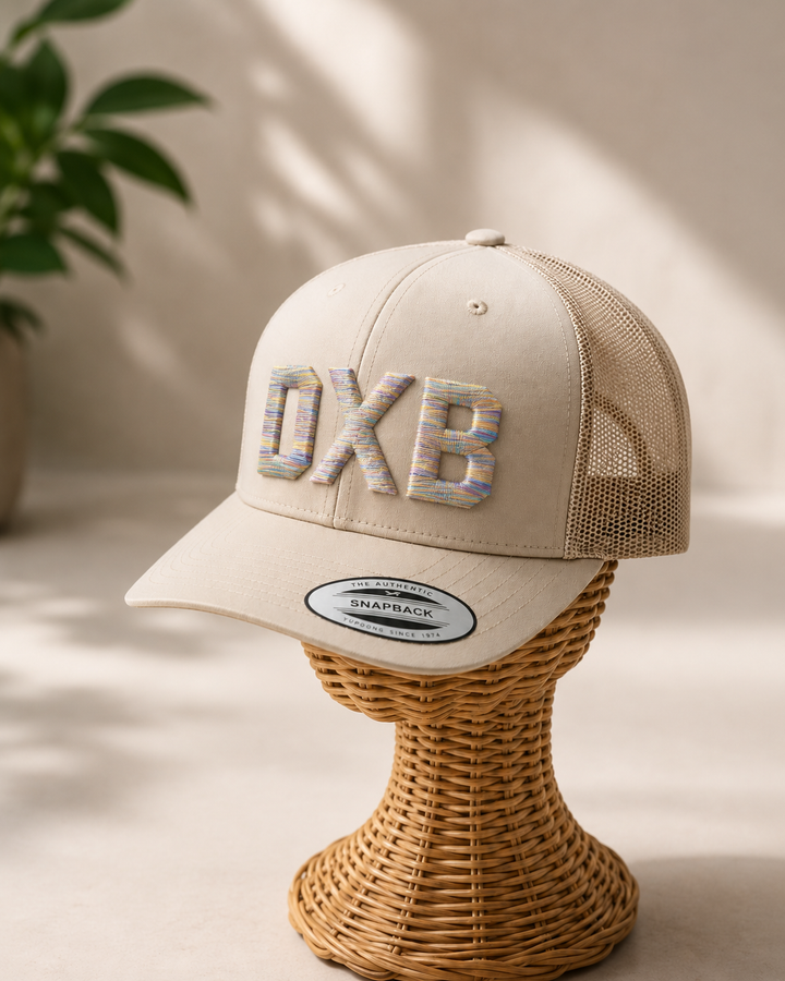 🌸 Gelato – Metro Block 3D Puff · Pale yellow pink lavender mint sky blue · Sand beige retro trucker | Hand Finished in Dubai | EmbroMania