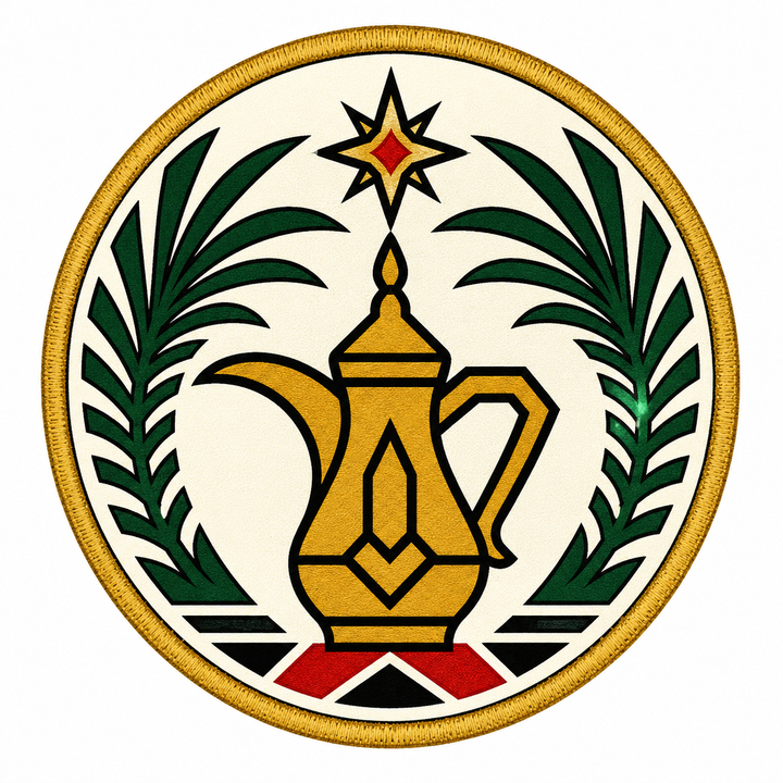 Golden Dallah Heritage embroidery patch featuring a traditional Arabian coffee pot framed by palm branches | Hand Finished in Dubai | EmbroMania