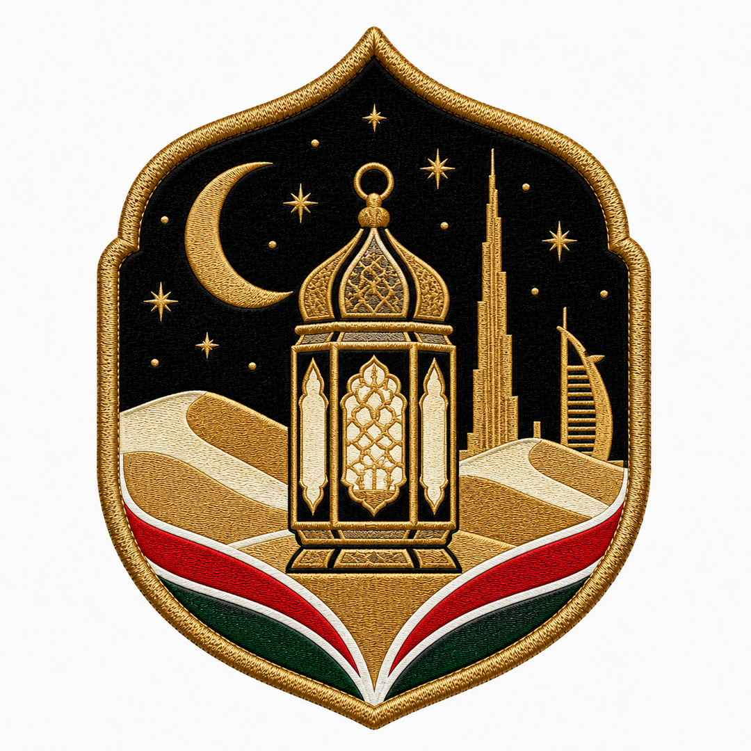 Golden Lantern Desert Nights embroidery patch featuring an ornate lantern under a crescent moon and stars with a desert skyline | Hand Finished in Dubai | EmbroMania