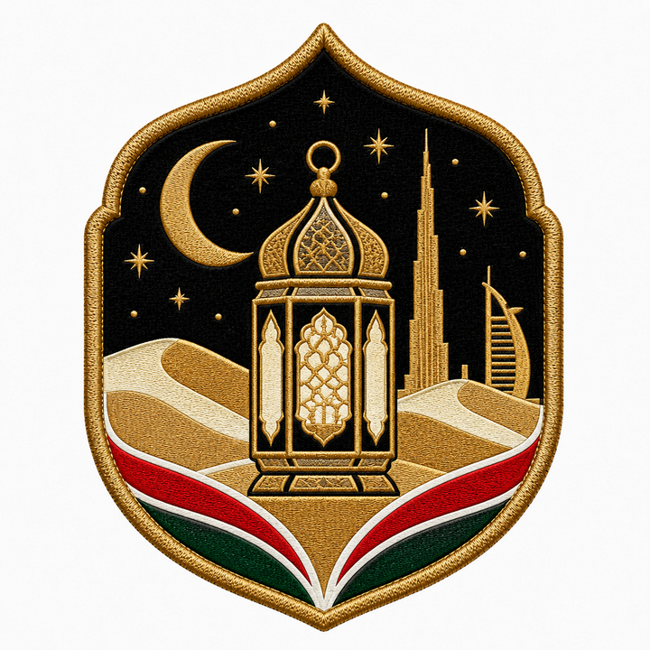 Golden Lantern Desert Nights embroidery patch featuring an ornate lantern under a crescent moon and stars with a desert skyline | Hand Finished in Dubai | EmbroMania