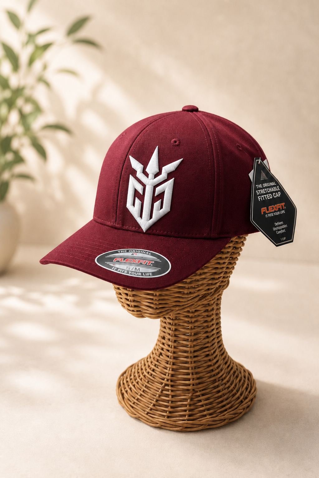 🍷⚡ Crimson Ward – Iron Sentinel · White 3D puff · Burgundy Flexfit Curved | Hand Finished in Dubai | EmbroMania