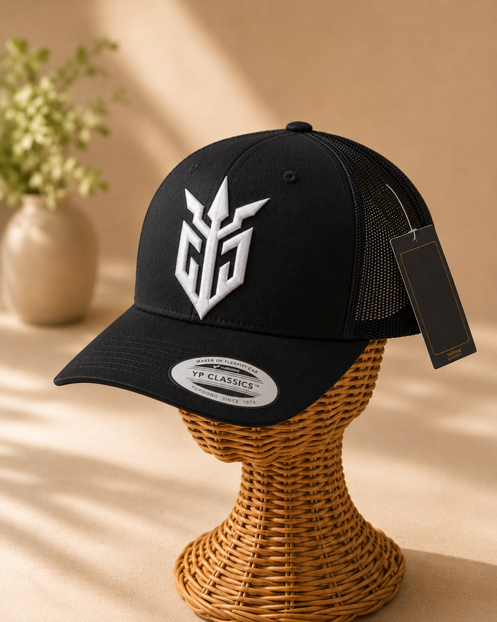 🖤🤍 Dark Warden – Iron Sentinel · White 3D puff · Black Curved Trucker | Hand Finished in Dubai | EmbroMania