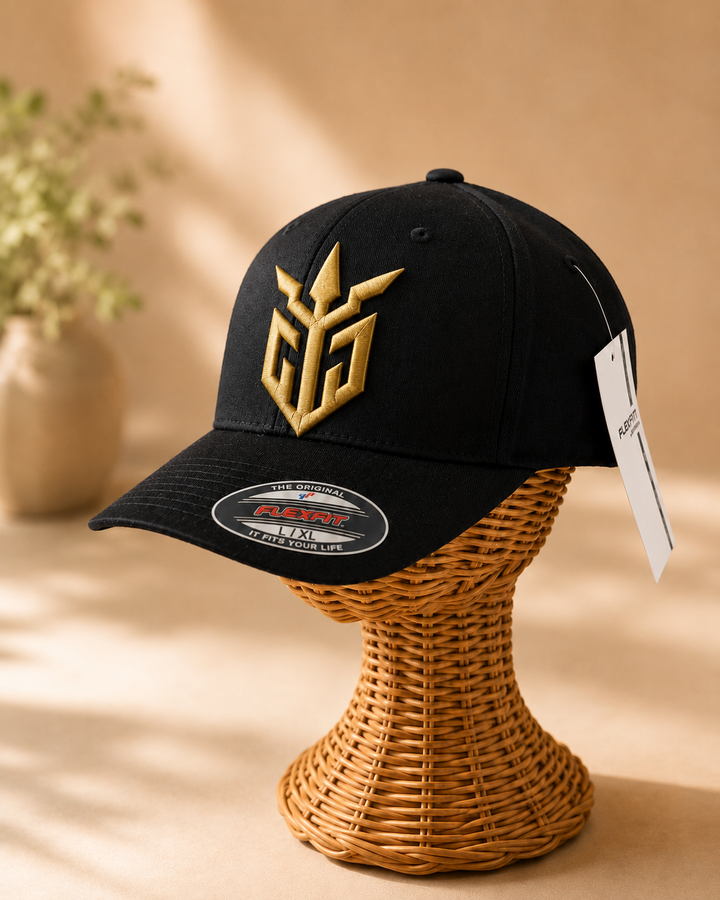 ✨🛡️ Forge Gold – Iron Sentinel · Gold 3D puff · Black Solid Flexfit | Hand Finished in Dubai | EmbroMania