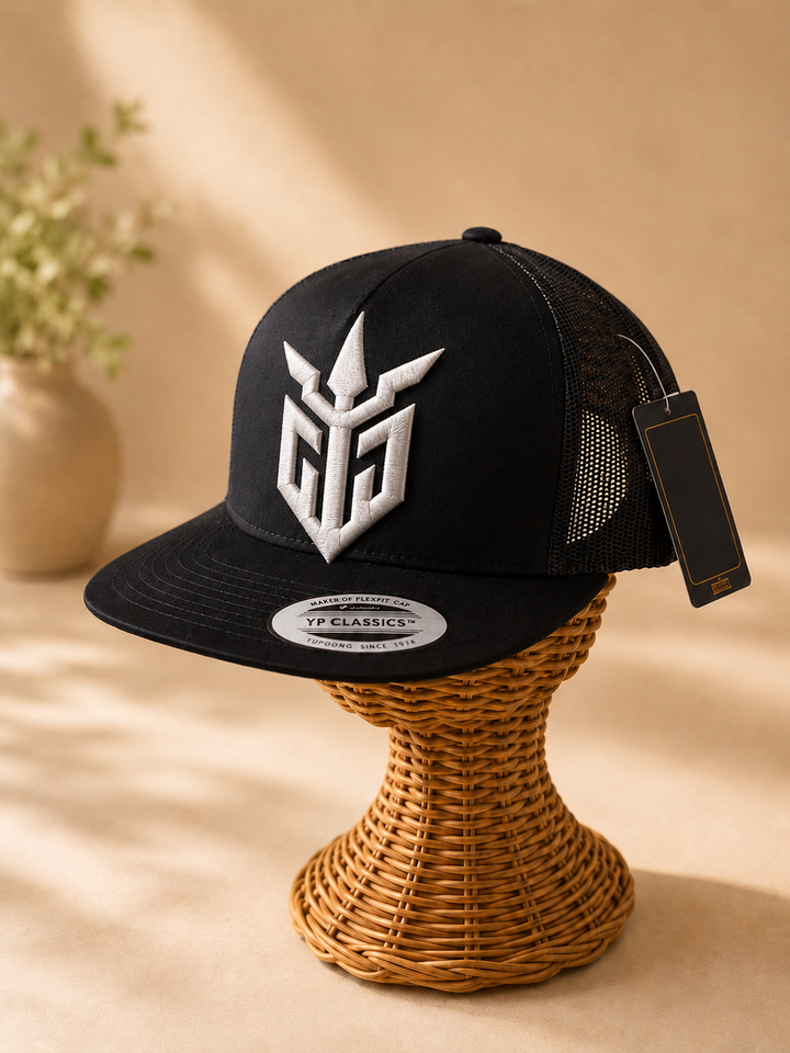 🖤⚡ Iron Ghost – Iron Sentinel · White 3D puff · Black Flat Trucker YP Classics | Hand Finished in Dubai | EmbroMania