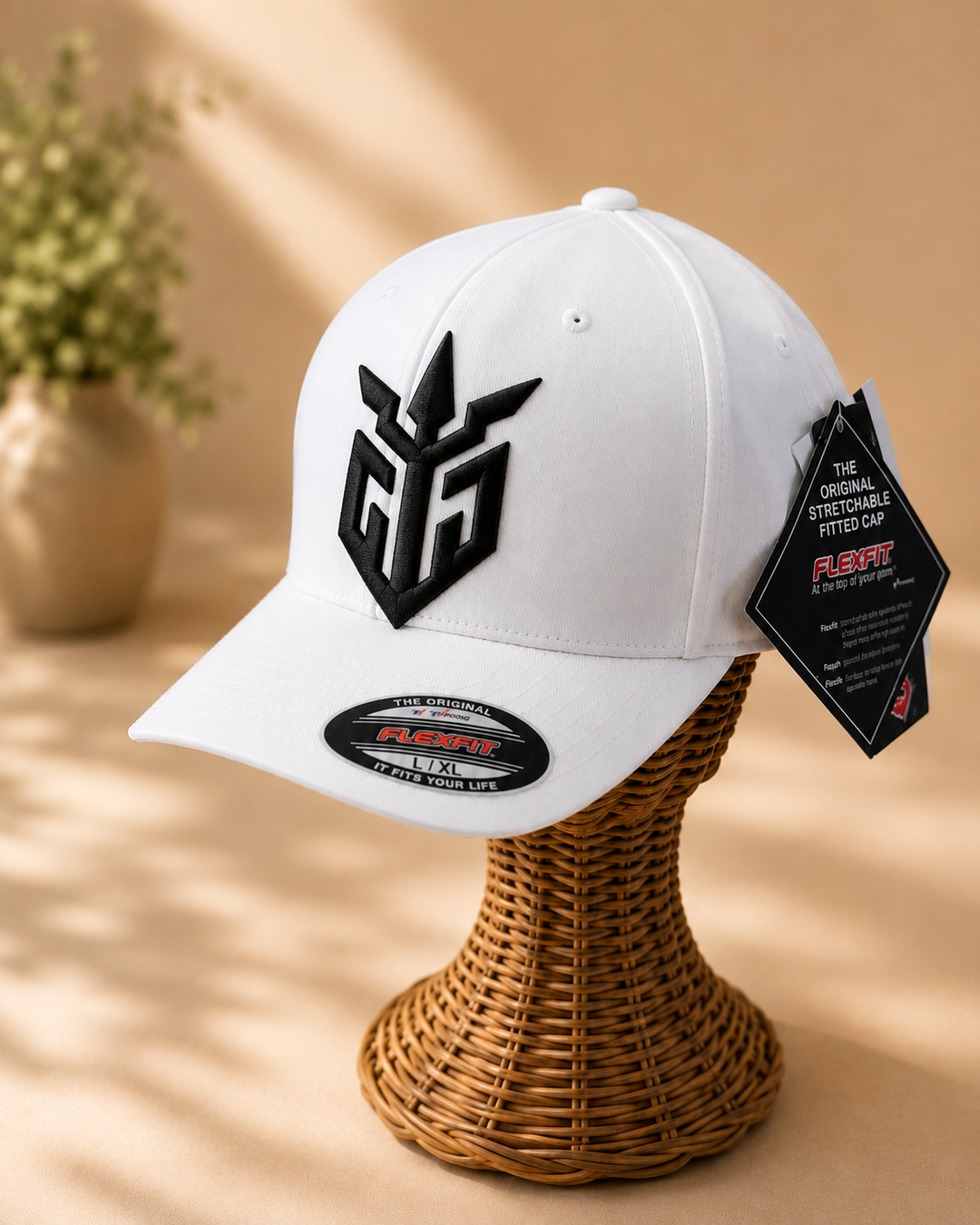 ☁️🖤 Siege White – Iron Sentinel · Black 3D puff · White Solid Flexfit | Hand Finished in Dubai | EmbroMania