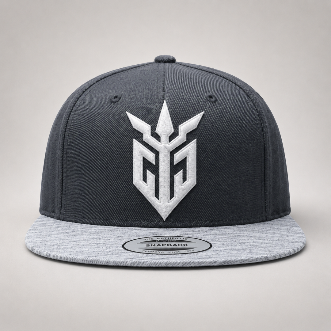 ⚡🌫️ Steel Warden – Iron Sentinel · White 3D puff · Charcoal &amp; Heather Grey Snapback | Hand Finished in Dubai | EmbroMania