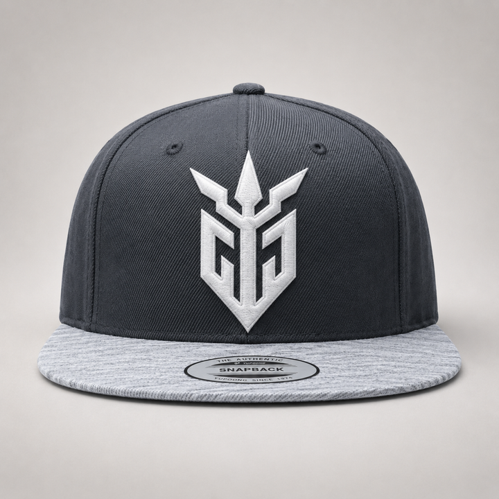 ⚡🌫️ Steel Warden – Iron Sentinel · White 3D puff · Charcoal &amp; Heather Grey Snapback | Hand Finished in Dubai | EmbroMania