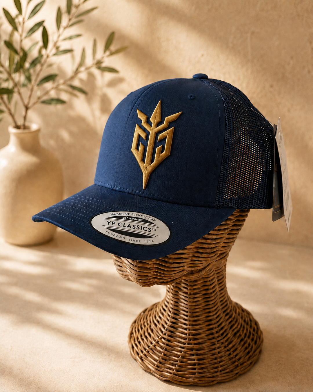 🌊🛡️ Storm Sentinel – Iron Sentinel · Gold 3D puff · Dark Navy Curved Trucker | Hand Finished in Dubai | EmbroMania