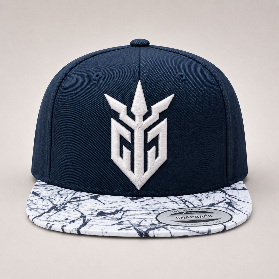 🌊🤍 Tidal Iron – Iron Sentinel · White 3D puff · Navy Crown &amp; Marble Brim Snapback | Hand Finished in Dubai | EmbroMania