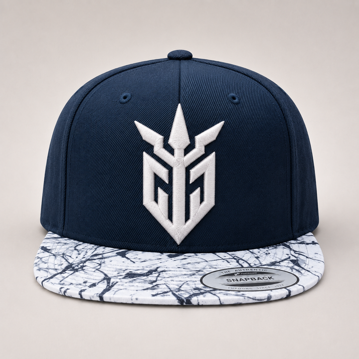 🌊🤍 Tidal Iron – Iron Sentinel · White 3D puff · Navy Crown &amp; Marble Brim Snapback | Hand Finished in Dubai | EmbroMania