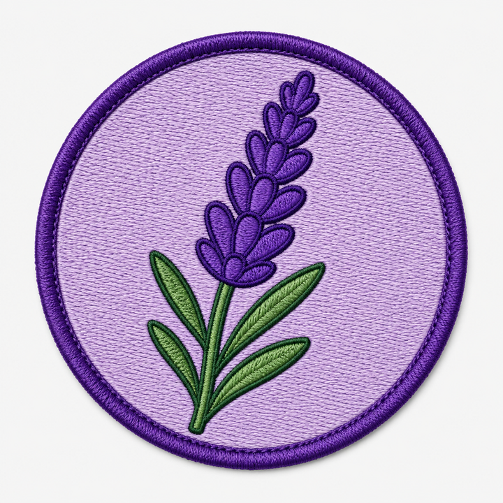 Lavender Whisper embroidery patch featuring a single lavender sprig in flat purple and green | Hand Finished in Dubai | EmbroMania