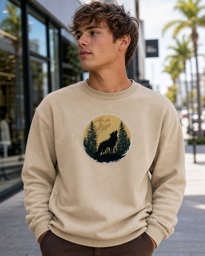 Mystic Forest Wolf Machine Embroidered Sweatshirt – Hand Finished in Dubai | EmbroMania