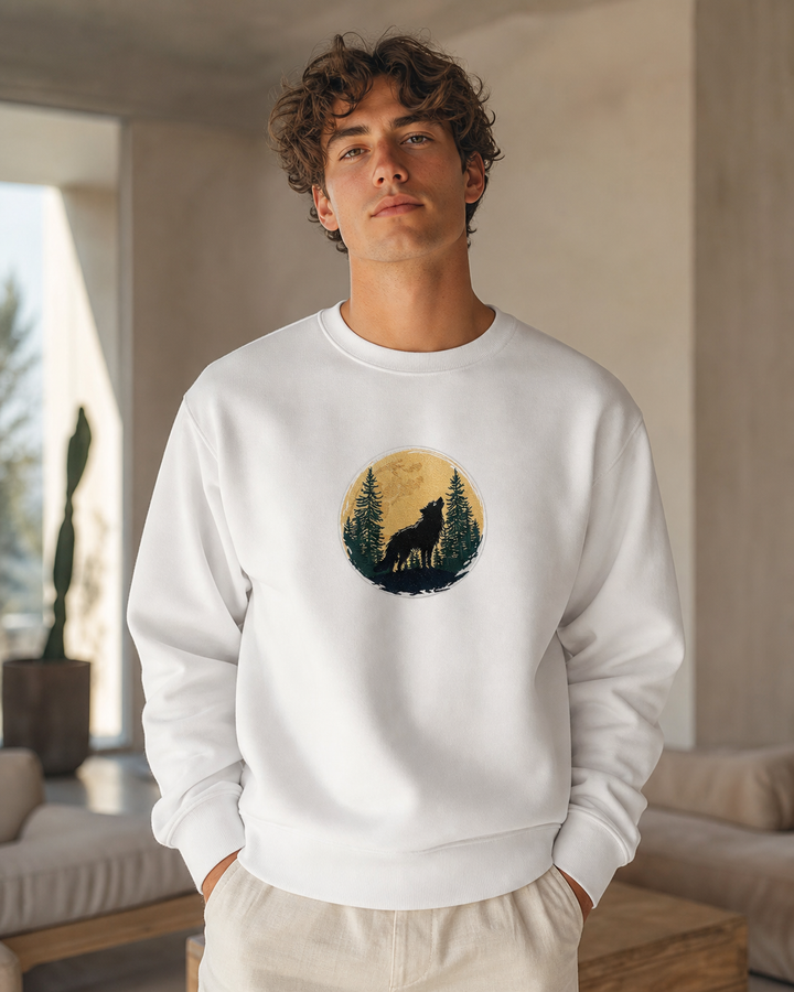 Mystic Forest Wolf Machine Embroidered Sweatshirt – Hand Finished in Dubai | EmbroMania