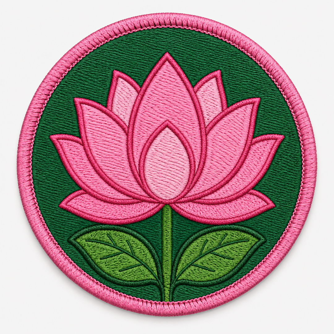 Lotus Serenity embroidery patch featuring a lotus flower in bloom in flat pink and green | Hand Finished in Dubai | EmbroMania