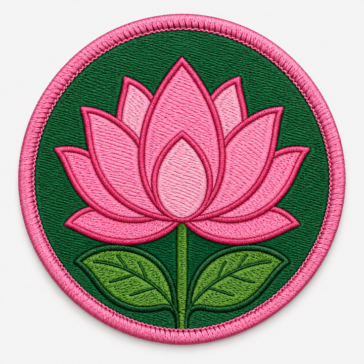 Lotus Serenity embroidery patch featuring a lotus flower in bloom in flat pink and green | Hand Finished in Dubai | EmbroMania