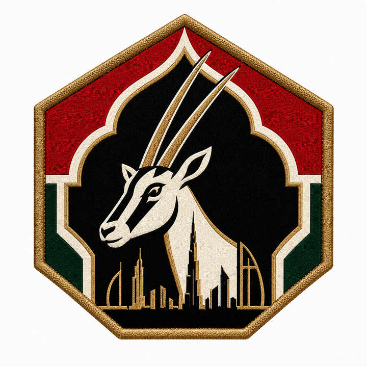 Majestic Oryx Dubai Gate embroidery patch featuring an oryx portrait over a Dubai skyline silhouette on an arched crest | Hand Finished in Dubai | EmbroMania