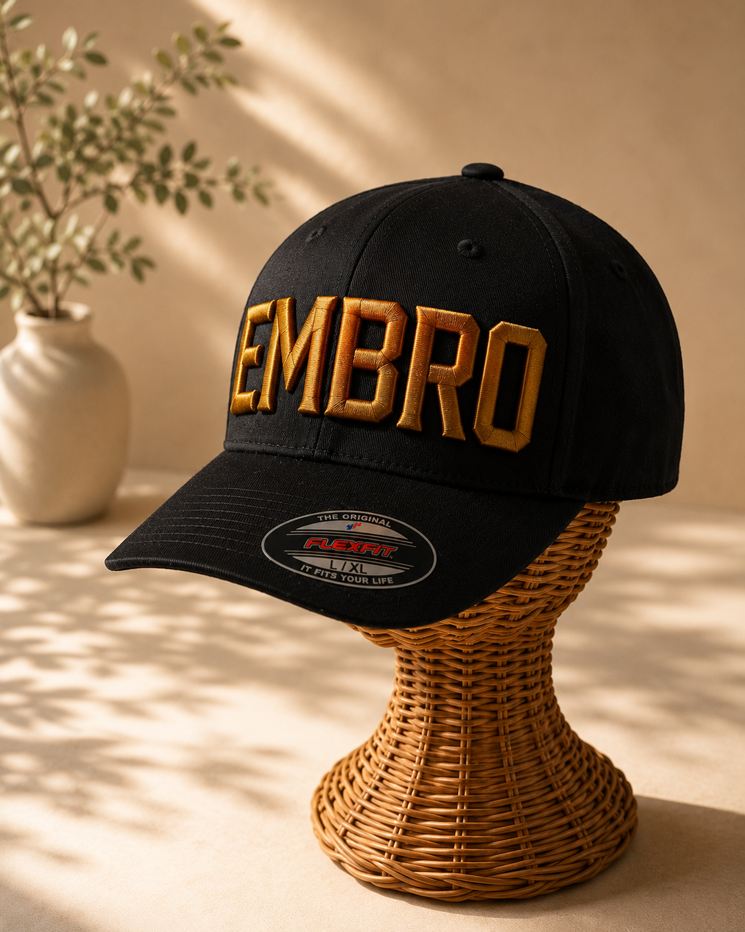 🥂 Ivory – Metro Block 3D Puff · Olive gold amber bronze variegated · Black Flexfit curved | Hand Finished in Dubai | EmbroMania