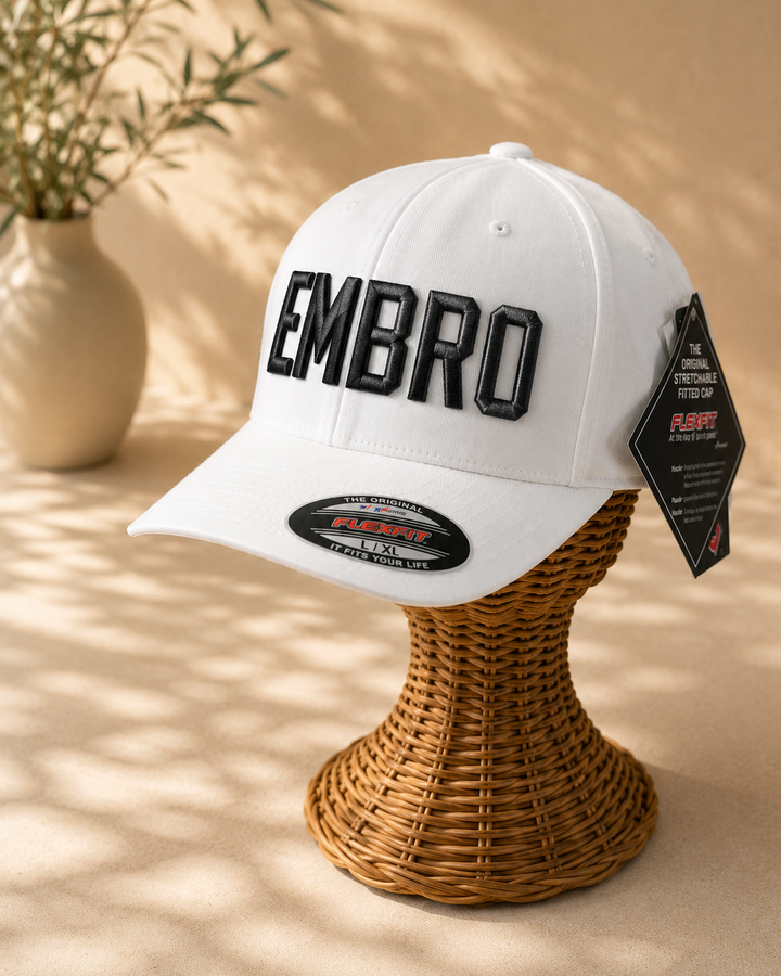 🖤 Shadow – Metro Block 3D Puff · Black charcoal dark grey variegated · White Flexfit curved | Hand Finished in Dubai | EmbroMania