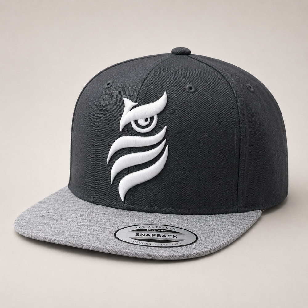⚡🌫️ Ash Sentinel – Midnight Sentinel Owl · White puff · Charcoal & Heather Grey Snapback | Hand Finished in Dubai | EmbroMania