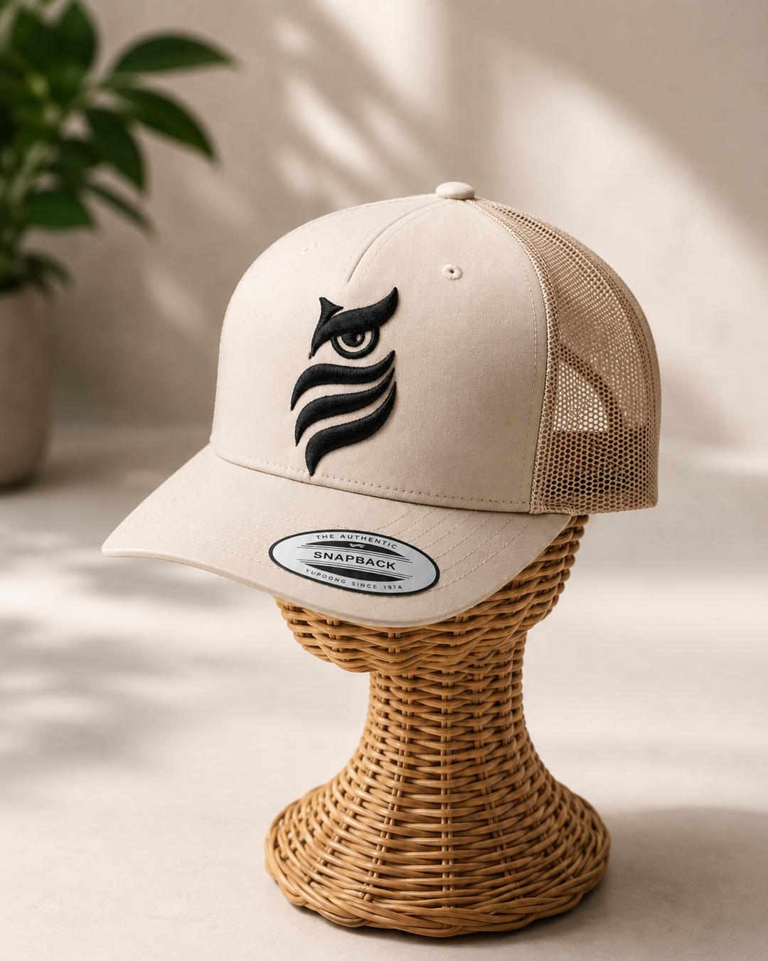 🏜️🦉 Desert Vigil – Midnight Sentinel Owl · Black puff · Sand Beige Retro Trucker | Hand Finished in Dubai | EmbroMania