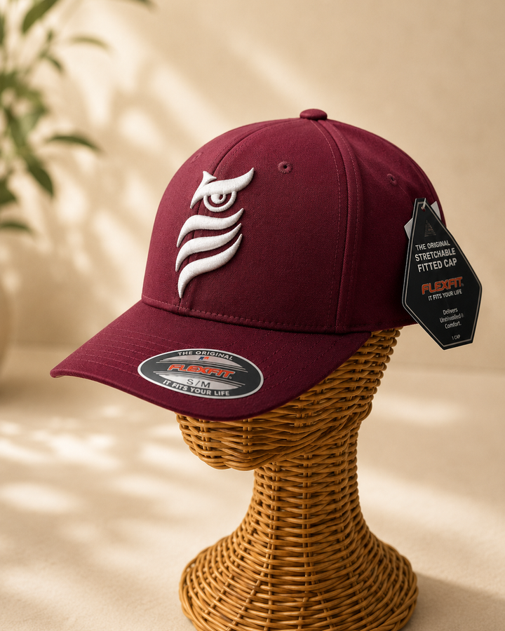 🍷🦉 Dusk Sentinel – Midnight Sentinel Owl · White puff · Burgundy Flexfit Curved | Hand Finished in Dubai | EmbroMania