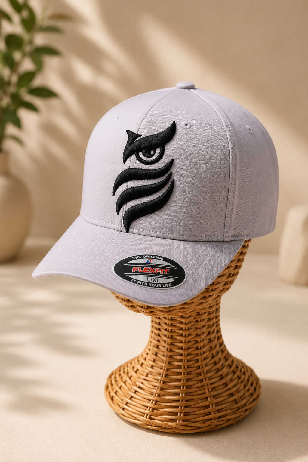 🌫️🦉 Grey Phantom – Midnight Sentinel Owl · Black puff · Light Grey Flexfit Curved | Hand Finished in Dubai | EmbroMania