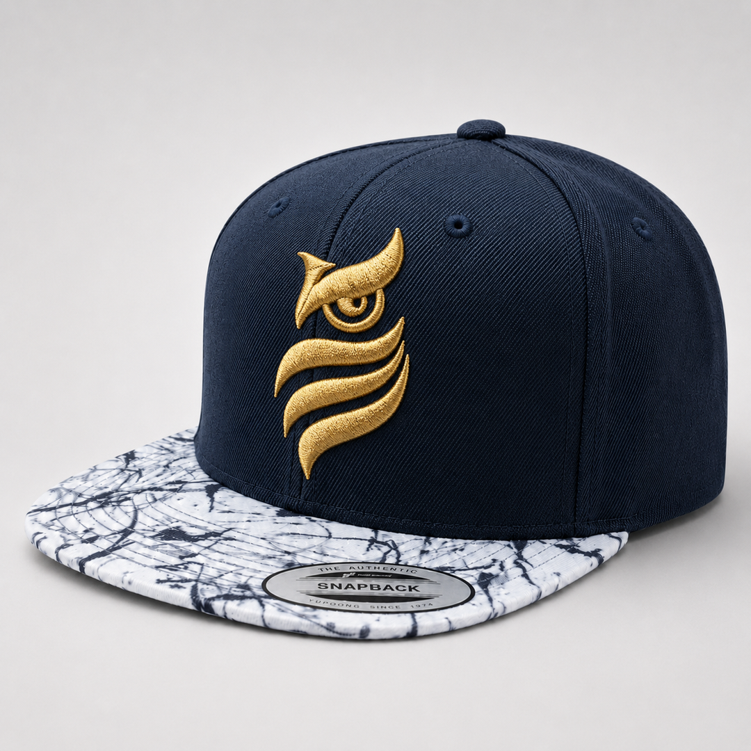 🌊✨ Marble Nocturne – Midnight Sentinel Owl · Gold puff · Navy Crown &amp; Marble Brim Snapback | Hand Finished in Dubai | EmbroMania