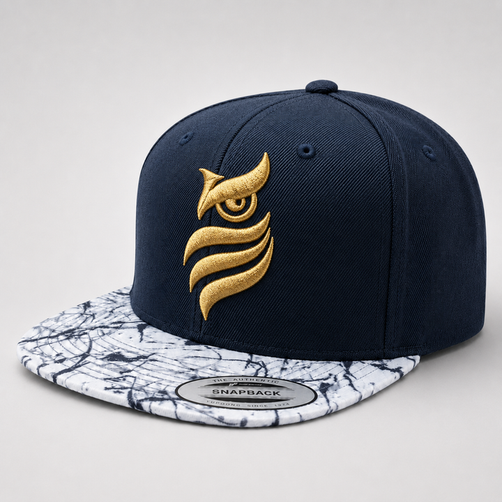 🌊✨ Marble Nocturne – Midnight Sentinel Owl · Gold puff · Navy Crown &amp; Marble Brim Snapback | Hand Finished in Dubai | EmbroMania