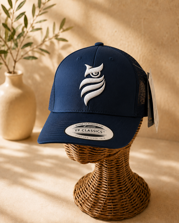 🌊🦉 Phantom Depths – Midnight Sentinel Owl · White puff · Dark Navy Curved Trucker | Hand Finished in Dubai | EmbroMania