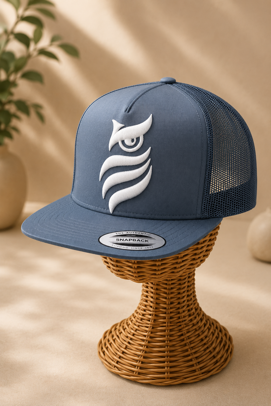 🌫️⚡ Steel Watch – Midnight Sentinel Owl · White puff · Steel Blue Flat Trucker | Hand Finished in Dubai | EmbroMania
