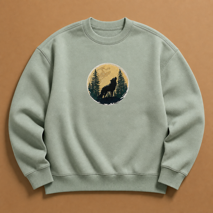 Mystic Forest Wolf Machine Embroidered Sweatshirt – Hand Finished in Dubai | EmbroMania